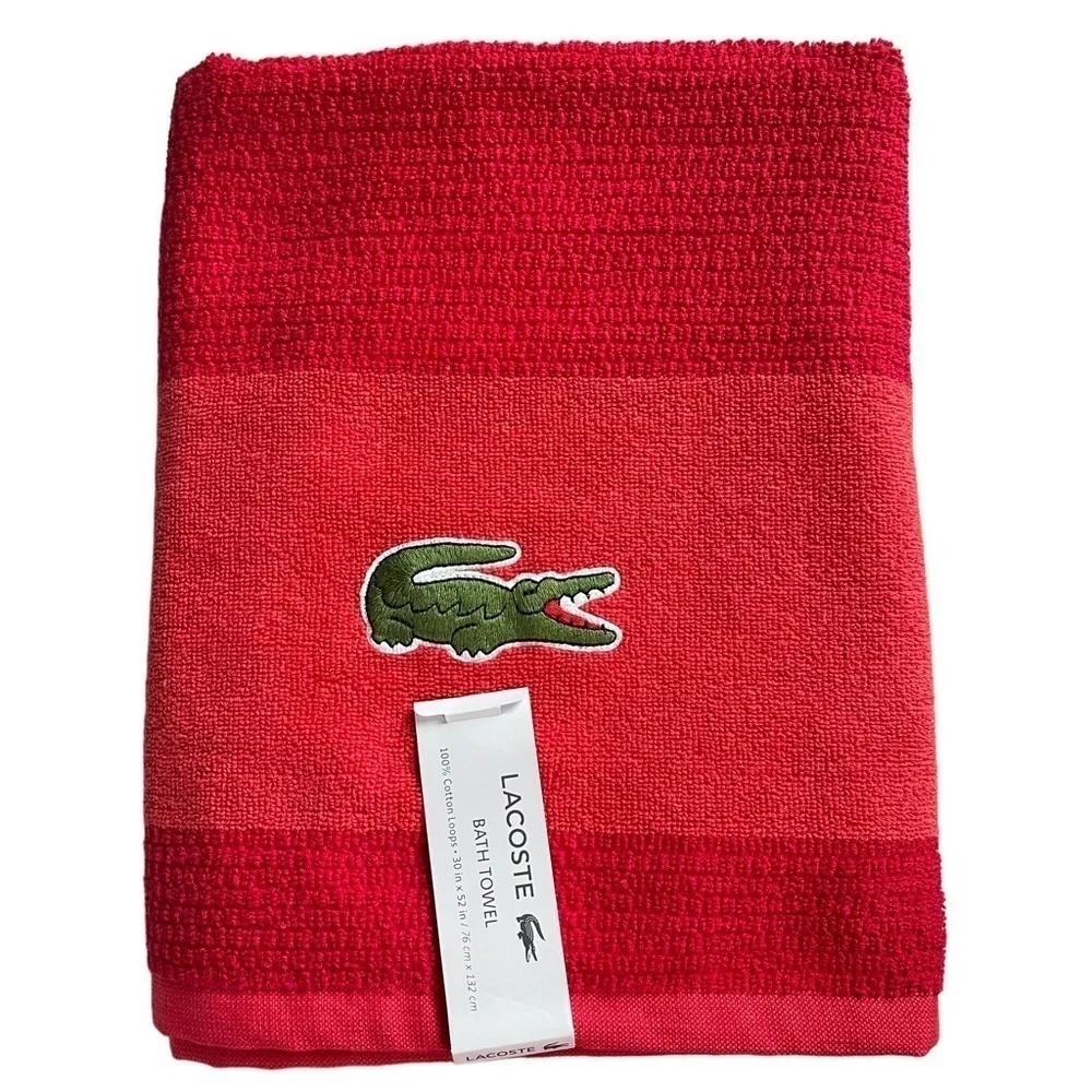 LACOSTE Bath Towel Red 100% Cotton 30”X 52” Large Crocodile NWT